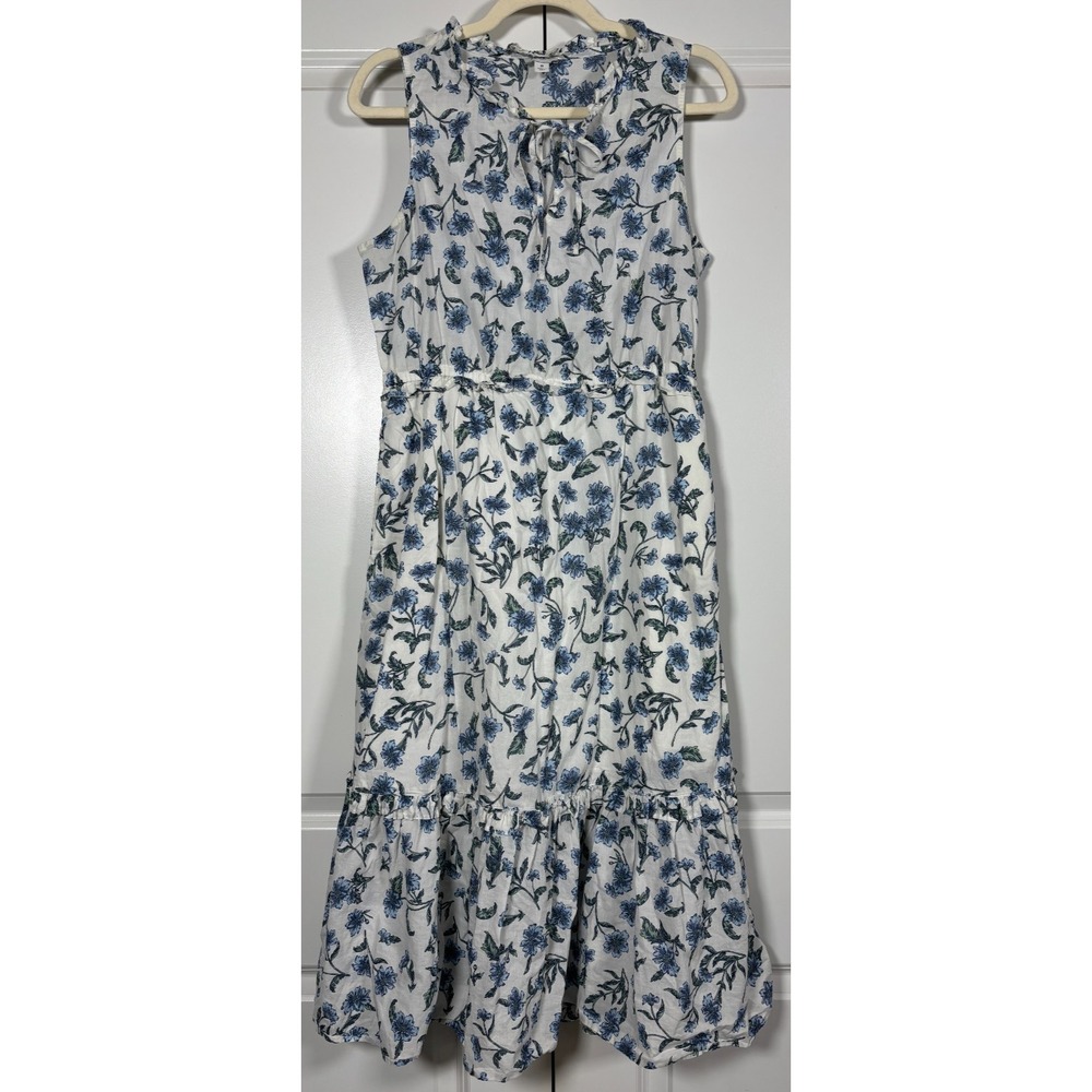 J.Crew Womens Midi Sundress White Blue Floral Sleeveless Ruffle Tiered Outdoor 8